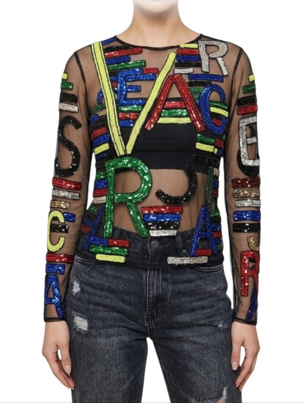 Sequin Alphabet Mesh Sheer Long Sleeve Top Beaded Multicolor Letters